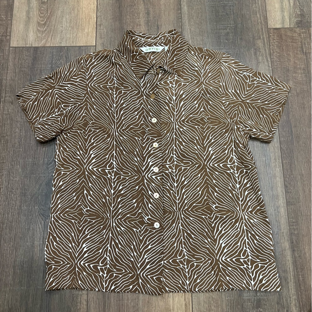 Orvis Animal Tribal Giraffe Button Down Women's S Brown White Rayon Safari